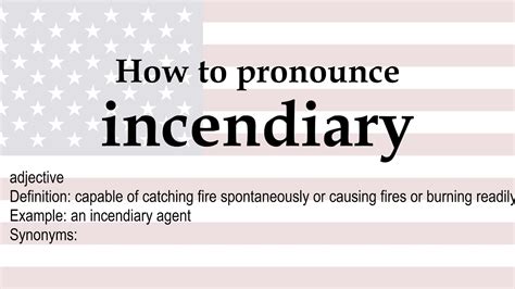 1 a : igniting combustible materials spontaneously b : of, relating to, or being a weapon (such as a bomb) designed to start fires 2 : tending to excite or inflame : inflammatory <b>incendiary</b> speeches 3 : of, relating to, or involving arson : arsonous 4 : extremely hot <b>incendiary</b> chili peppers <b>incendiary</b> 2 of 2 noun plural incendiaries 1. . How to pronounce incendiary